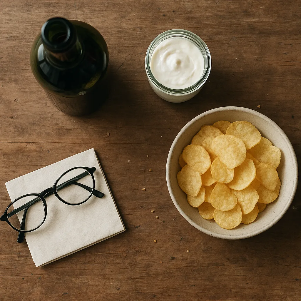 Ein Küchentisch mit Weinflasche, Joghurtbecher, Chips und einer Lesebrille auf einem Etikett.