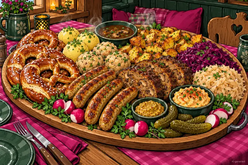 Grosse Holzplatte mit Brezeln, Bratwürsten, Knödeln, Braten, Rotkohl und Sauerkraut – alles vegan.