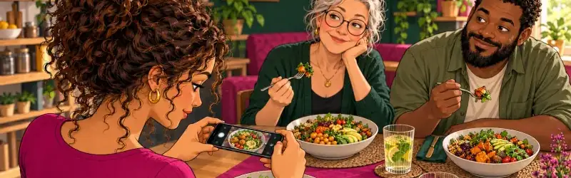 Eine Frau fotografiert mit dem Telefon ihre Schale mit Bratlingen, Gemüse und Salat; zwei weitere Personen essen am selben Tisch.